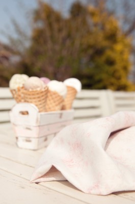 My gelato in waffle cones next to millie fabric in the garden on a sunny day looking delicious