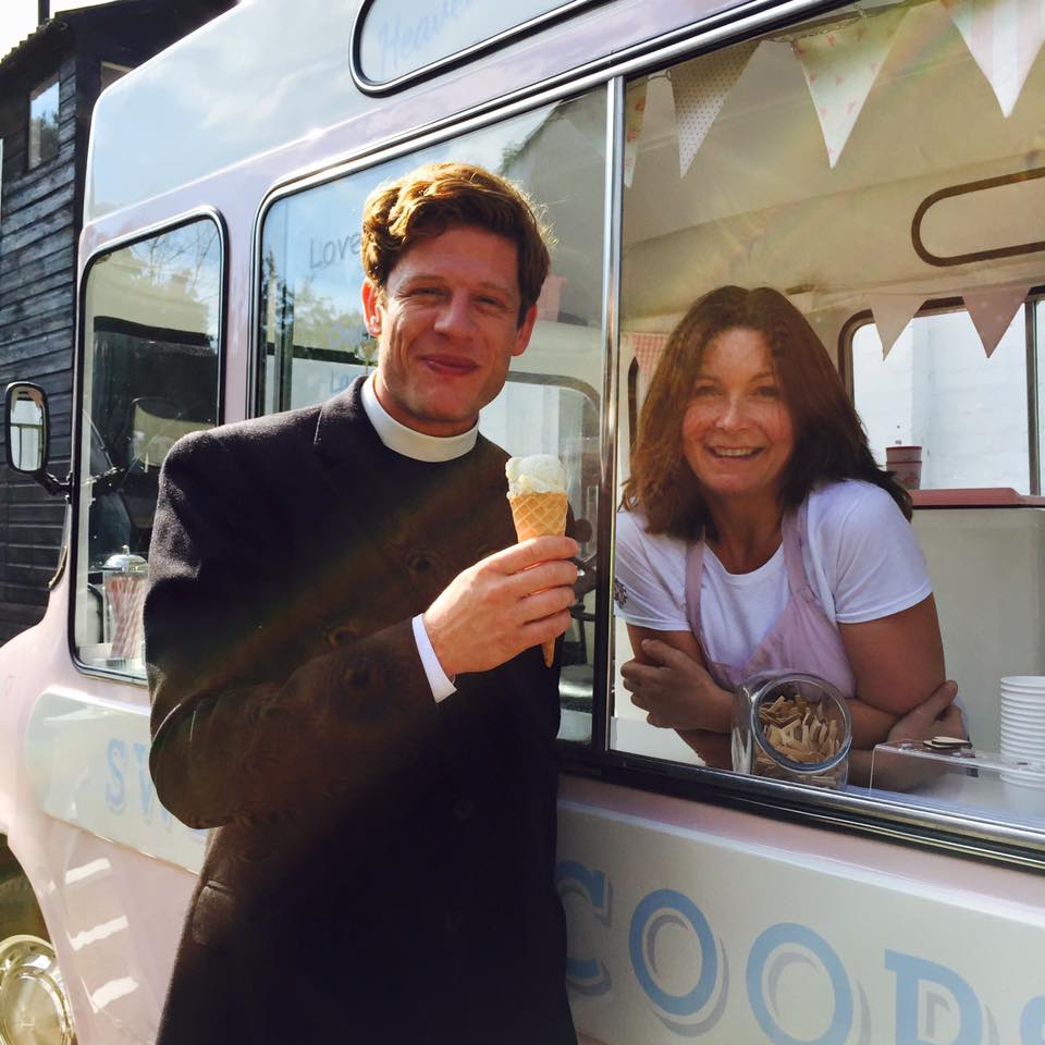 Actor of Grantchester James Norton standing next to ice cream van